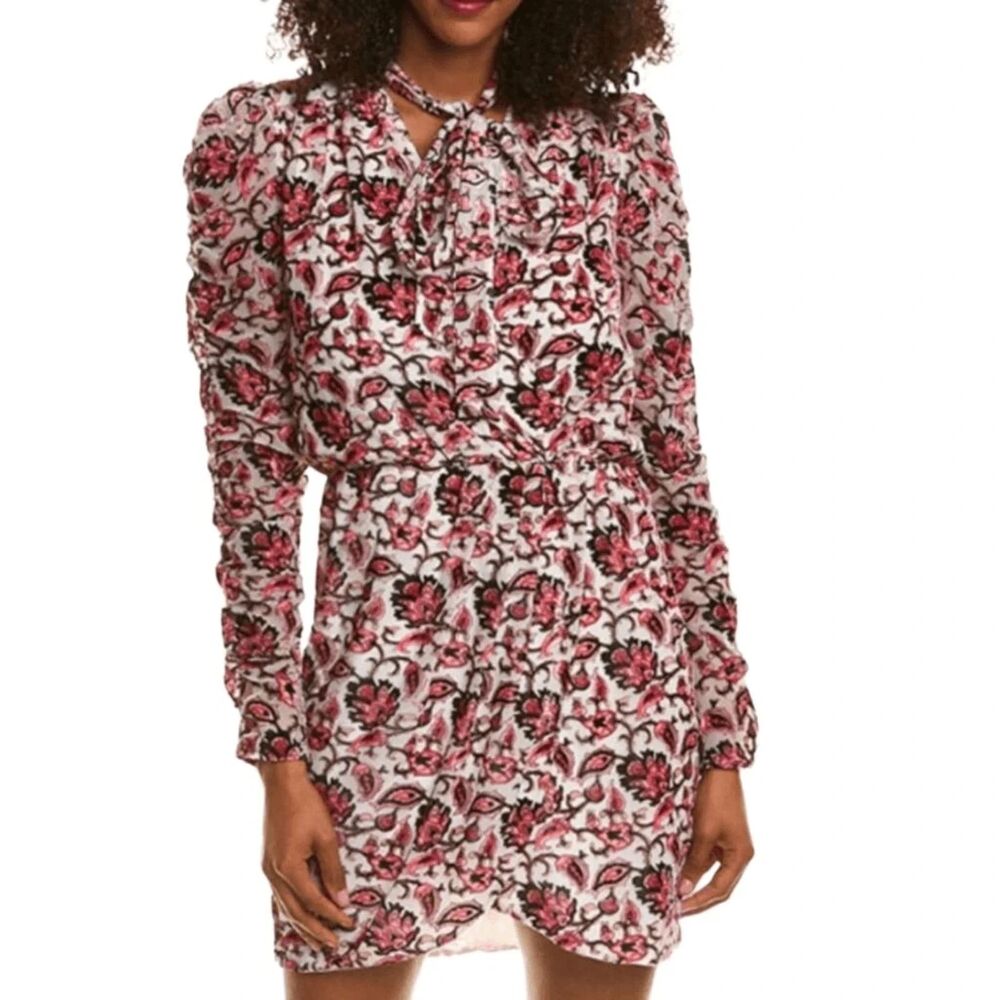 Monique Lhuillier Velvet Devore Burnout Paisley Tie Mini Dress in Pink size 10